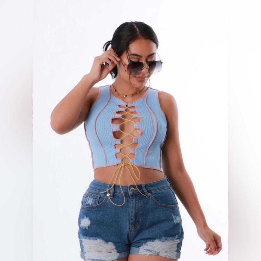 NWT Baby Blue Adjustable Peekaboo Top | Stretchy & Flattering - Picture 7 of 7